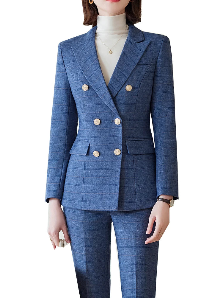 Autumn Winter Red Coffee Blue Black Ladies Pant Suit Women Female Business Work Wear Plaid Jacket and Trouser Blazer 2 Piece Set.