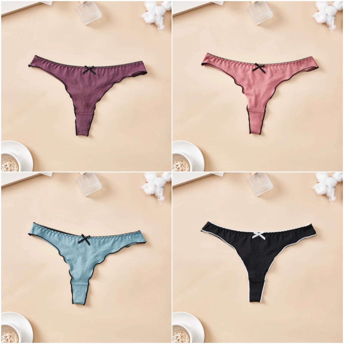 4pcs women's cotton solid color thong sexy comfortable women's underwear daily breathable T-back knitted bow cute girl low-waist