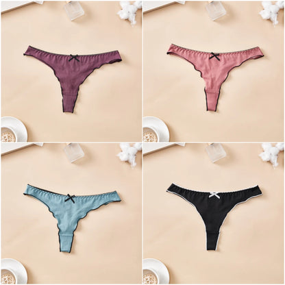 4pcs women's cotton solid color thong sexy comfortable women's underwear daily breathable T-back knitted bow cute girl low-waist