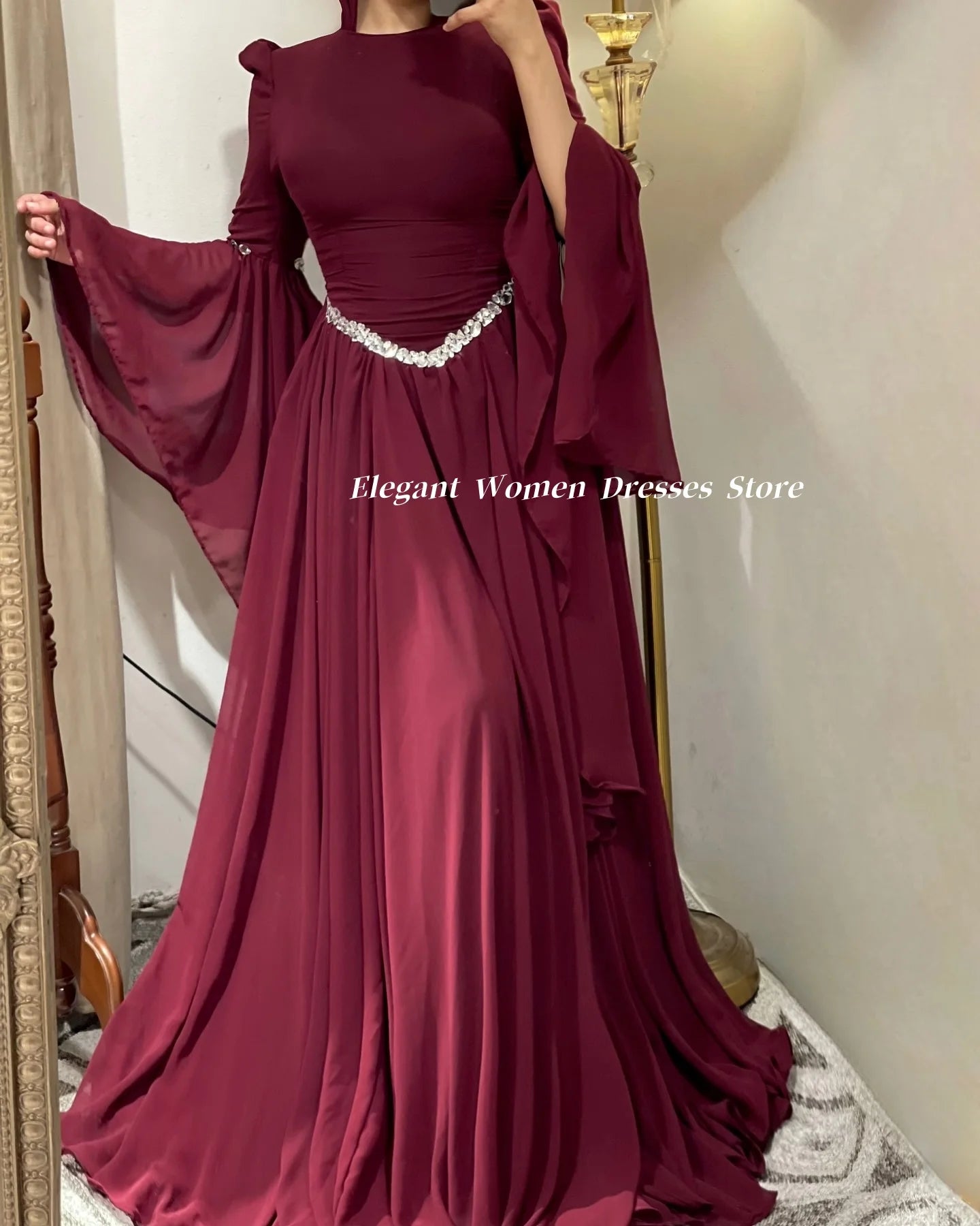 Abendkleider für muslimische Frauen, langärmelig, Sommer-Chiffon-Partykleider, A-Linie, Salbeigrün, Abendkleid فسات Cosa •М •М.