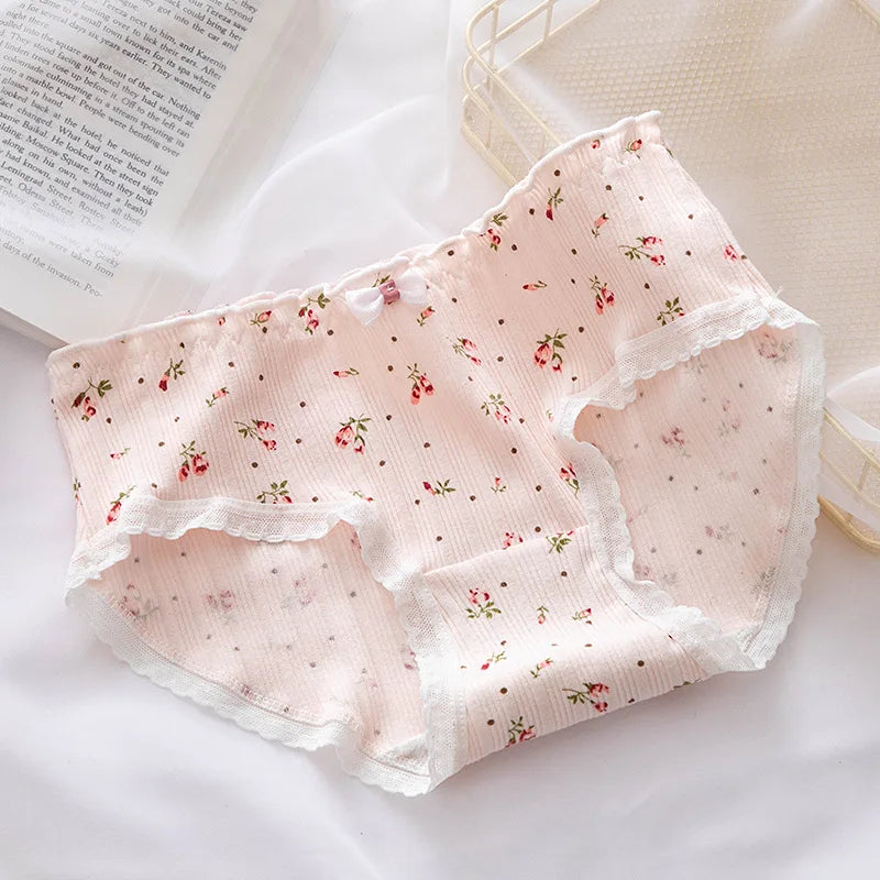 5Pcs/set Pure Cotton Sweet Bow Lace Women Panties Mid-Waist Girls Briefs Floral Underpants Soft Shorts Sexy Female Lingeries.
