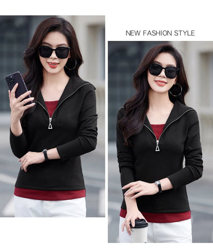 Fake two long sleeved T-shirts for women in autumn and winter, new fashionable plus size color blocked warm zipper lapel top