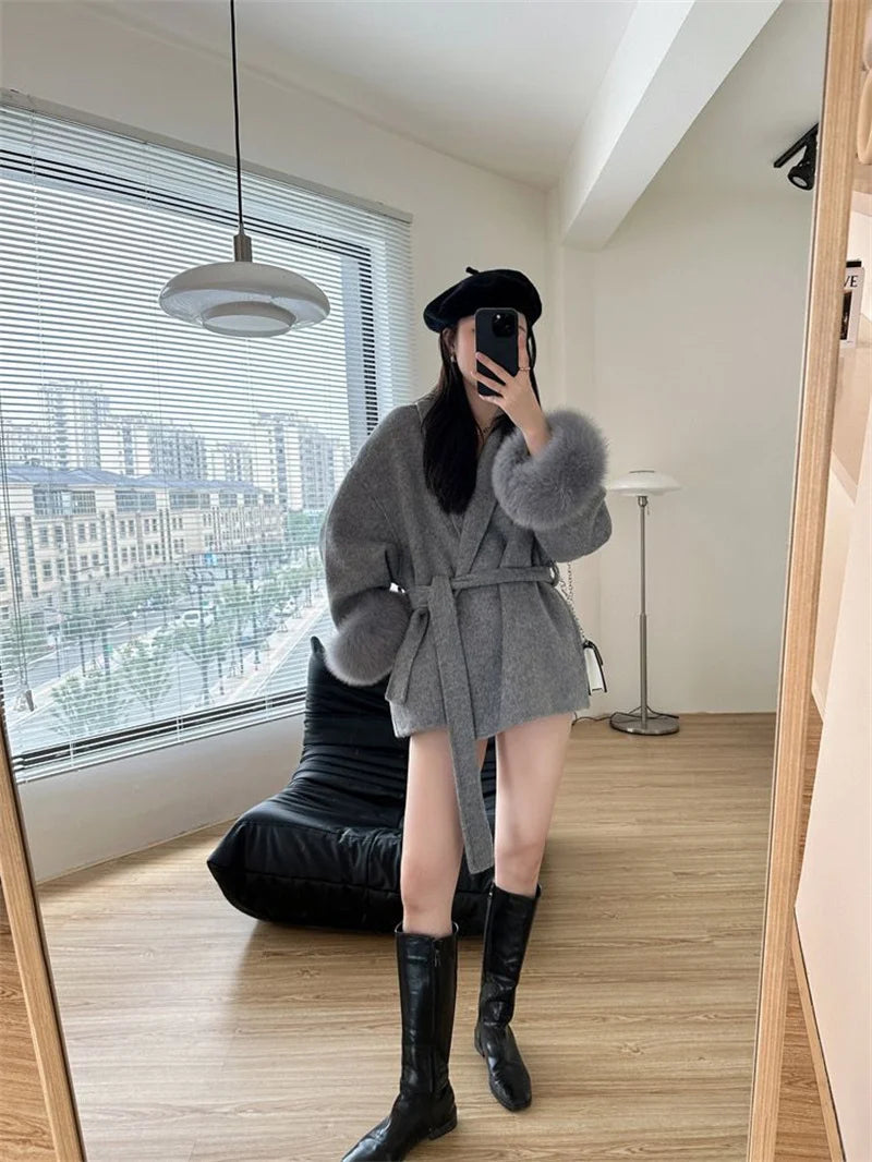 Mode Woolen Jacke mit gürtel Frauen Mantel 2025, Neue Herbst Winter Temperament Lose Strickjacke Weibliche Outwear.