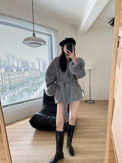 Mode Woolen Jacke mit gürtel Frauen Mantel 2025, Neue Herbst Winter Temperament Lose Strickjacke Weibliche Outwear.