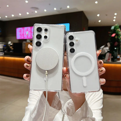 Magsafe Magnetic Charge Phone Case For Samsung Galaxy S25 S24 S23 Ultra S22 Plus S21 FE A16 A15 A35 A55 Clear Acrylic Slim Cover.