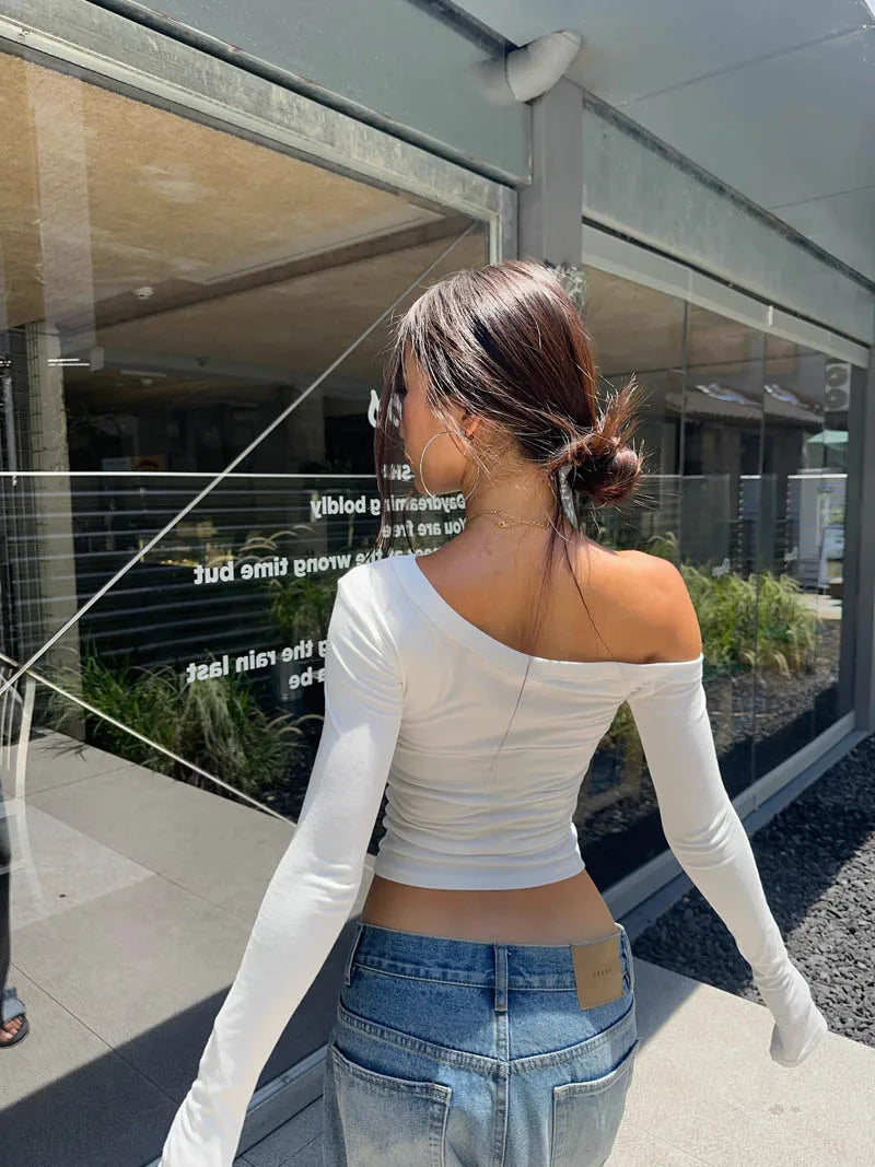 Women's One Shoulder Long Sleeve Fitted Top Elegant Casual Style.