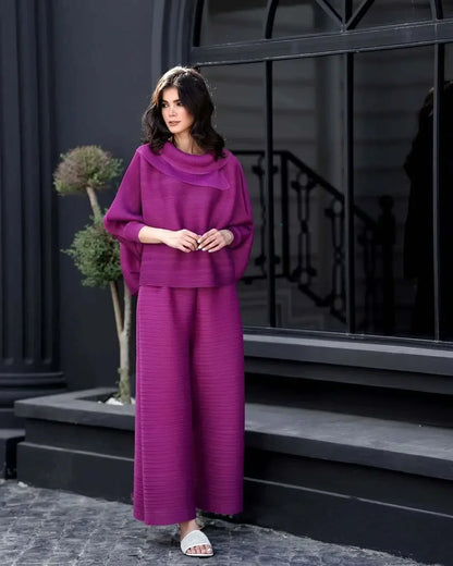 YUDX Miyake Pleated New Women's Fashion Clothing Set, Stand Up Collar Bat Sleeve Top, Wide Leg Pants Two-piece Set.