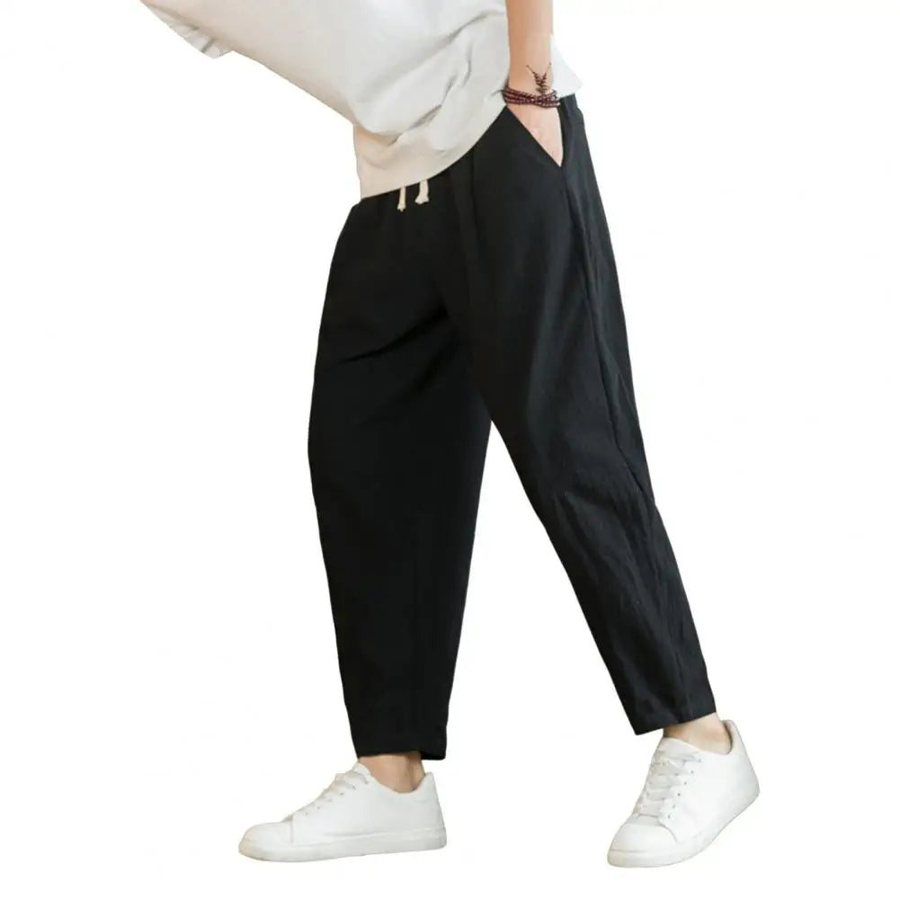 Men Cropped Trousers Men Casual Pants Men's Loose Straight Drawstring Ninth Pants with Elastic Waist Pockets Solid for Daily.