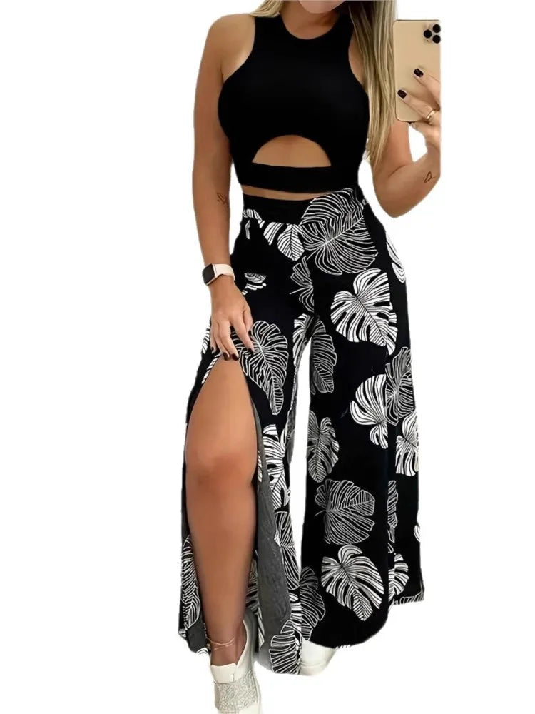 Summer Fashion Two Piece Outfits Woman New Women's Elegant Casual Hollow O Neck Short Vest Printed Trousers Set Women Clothes.