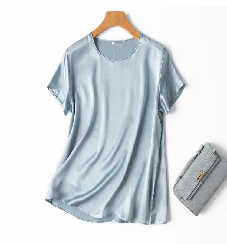 Women 100% Mulberry Silk 19 Momme half sleeve Crew Neck Top Shirt Blouse T-shirt More Colors M L XL MM4270