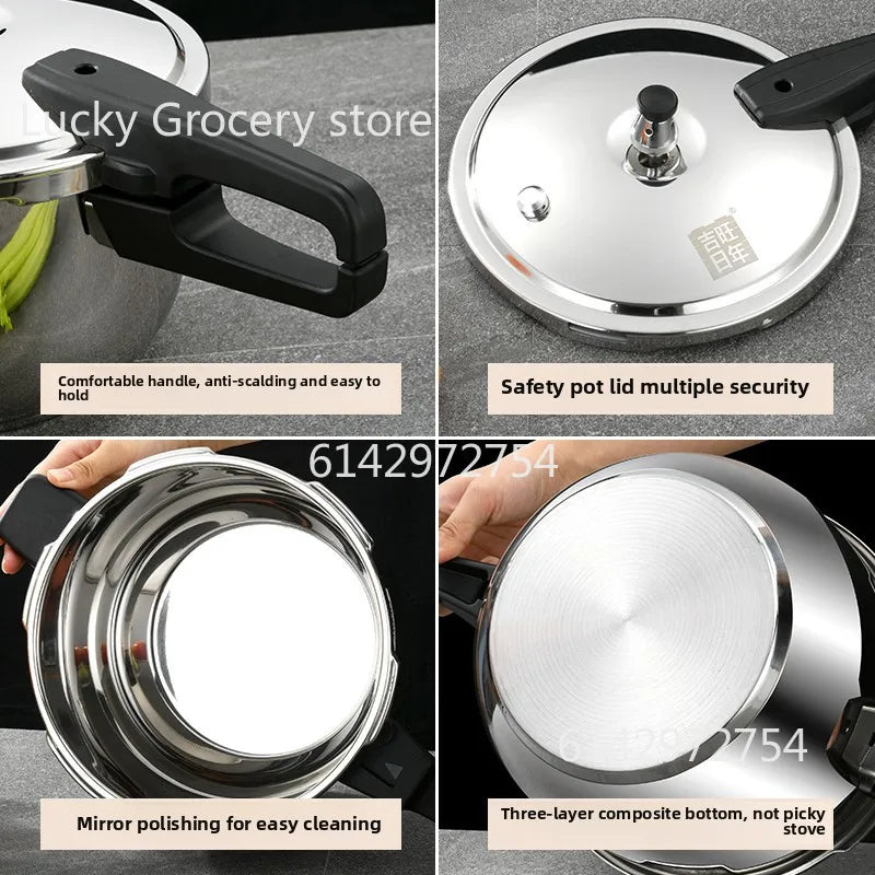 Stainless steel pressure cooker, stove compatible, used for safe cooking, canning, and stewing.