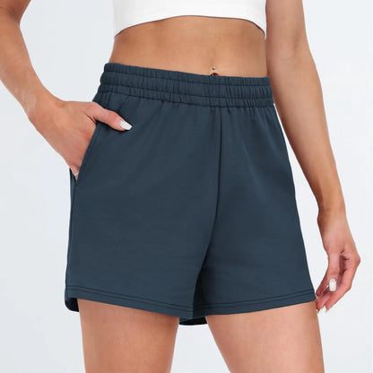 Plain Color Sports Shorts Casual Summer Comfortable And Soft Elastic High Waist Running Shorts With Pockets For Women