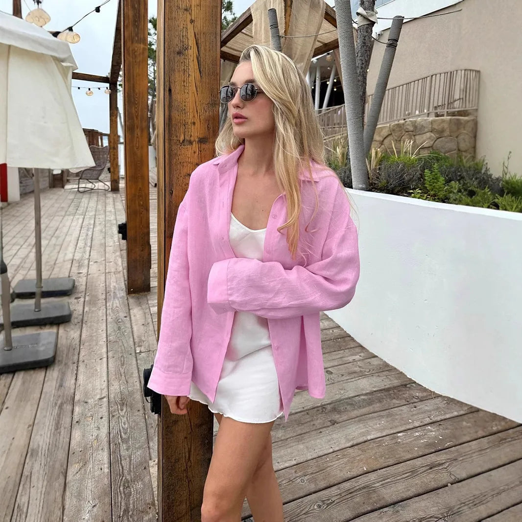 2025 Women's Oversize Shirt Long-sleeved Button Cardigan Pink Lapel Simple Korean Version White Top Blue Blouses for Female.