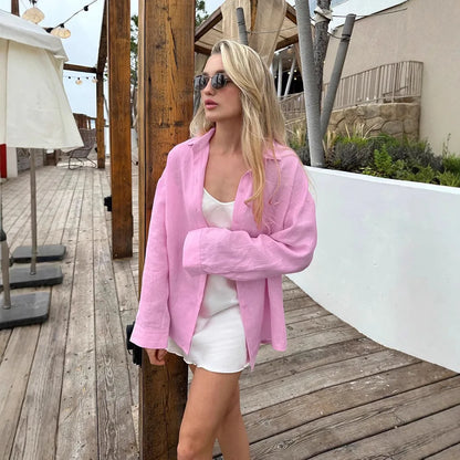 2025 Women's Oversize Shirt Long-sleeved Button Cardigan Pink Lapel Simple Korean Version White Top Blue Blouses for Female.