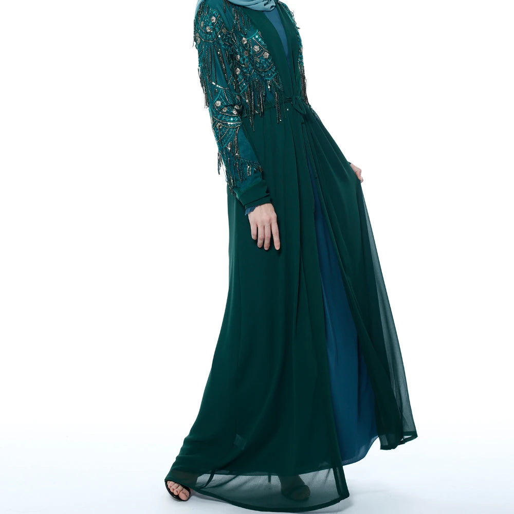 Ramadan Green Satin Sequin Abaya Damen Dubai Luxury Islam Women Muslim Dress Kebaya Kaftan Robe Musulmane Caftan Marocain Femme.