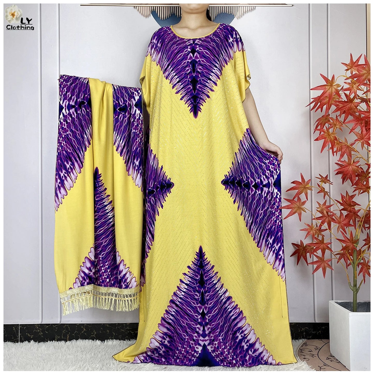 2024 New Muslim Women Dashiki Printed Dress Flower Diamonds Loose Dress With Big Scarf Islamic African Women Short Sleeve Abaya.