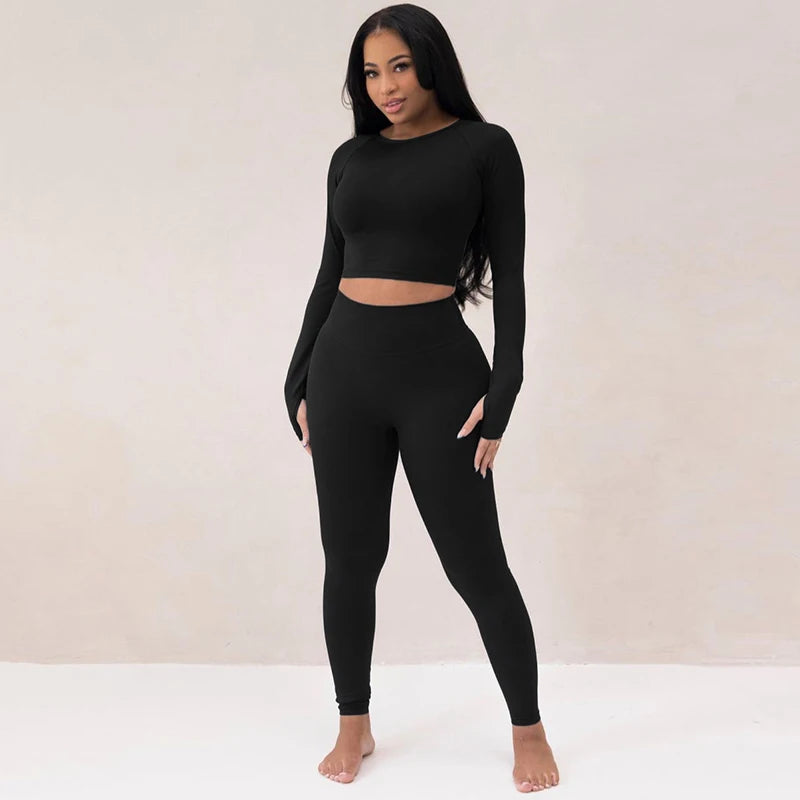 Hugcitar Pure Color Long Sleeve Crop T-Shirt Legging 2 Piece Matching Sets 2024 Spring Women Fashion Streetwear Sports Tracksuit