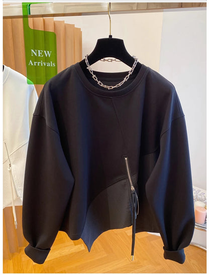 Autumn and Winter Women's Pullover Round Neck Hoodie Lazy Style Splicing Design Loose Long Sleeve Tops.