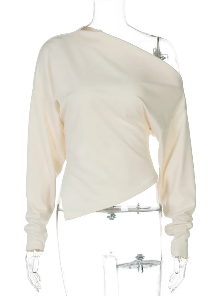 Mozision Inclined Shoulder Long Sleeve Sexy T-shirt Women Autumn Fashion Solid Skew Collar Backless Ruched Club Party T-shirts.