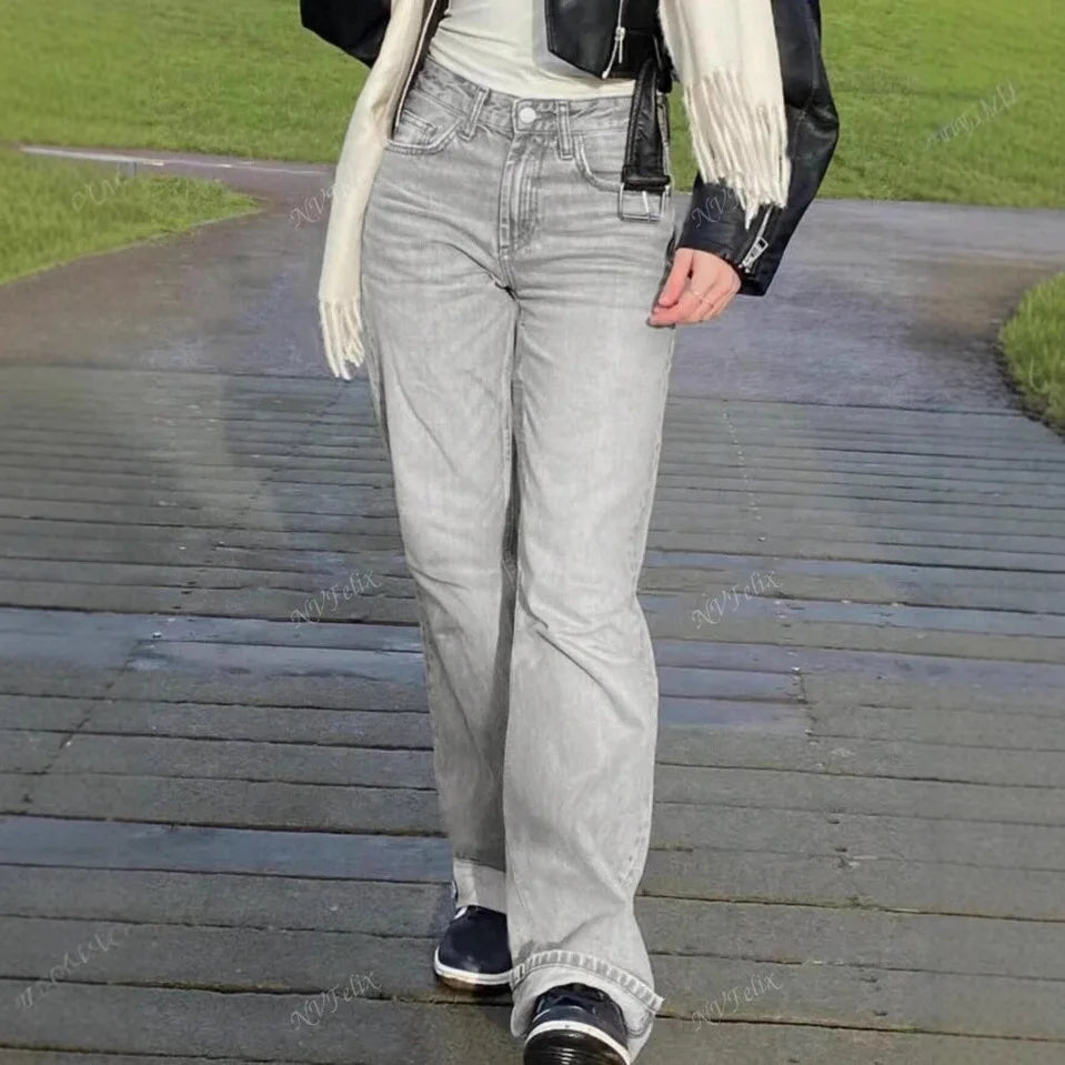 Jeans Women Straight Pants Denims Washed High Waist Distressed Pockets Female 2025 Streetwear Vintage Full Length Trousers.