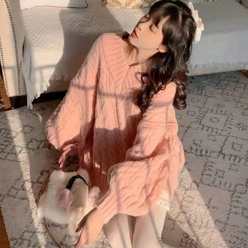 Herbst Winter Frauen Pullover Harajuku Übergroßen Gestrickte Pullover Koreanische Langarm V-ausschnitt Strickwaren Preppy Solide Lose Jumper.