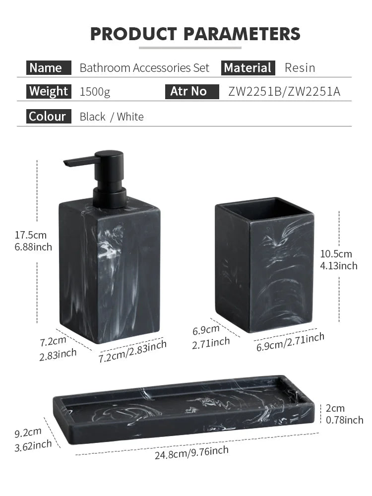 Bathroom Accessories Complete Marble Pattern Lotion Soap Dispenser,Toothbrush Holder,Tumbler,Tray Resin material Black white.