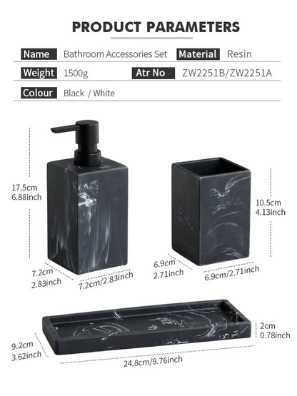 Bathroom Accessories Complete Marble Pattern Lotion Soap Dispenser,Toothbrush Holder,Tumbler,Tray Resin material Black white.