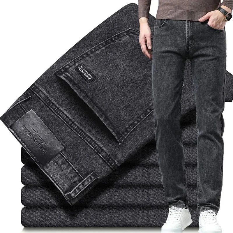 Men Business Denim Pants Male Classic Casual Straight Leg Slim Fit Trousers Elastic Solid Smoke Gray Pants.