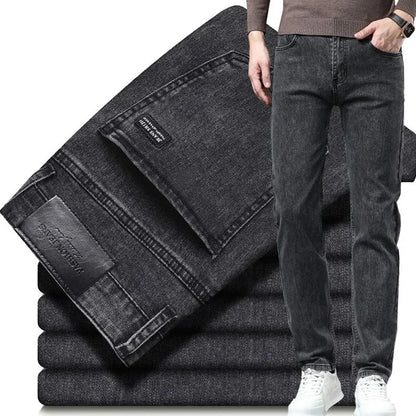 Men Business Denim Pants Male Classic Casual Straight Leg Slim Fit Trousers Elastic Solid Smoke Gray Pants.