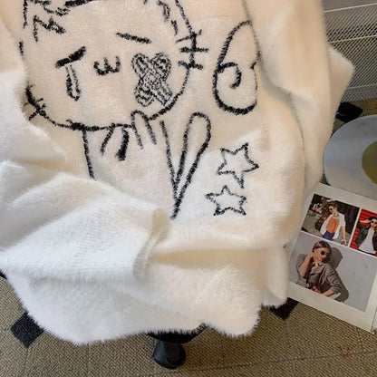 Vintage Preppy Kawaii Cartoon Jacquard Pullover Süße Harajuku Lose Grunge Pullover Y2k Ästhetische Frauen Weiße Gestrickte Pullover.