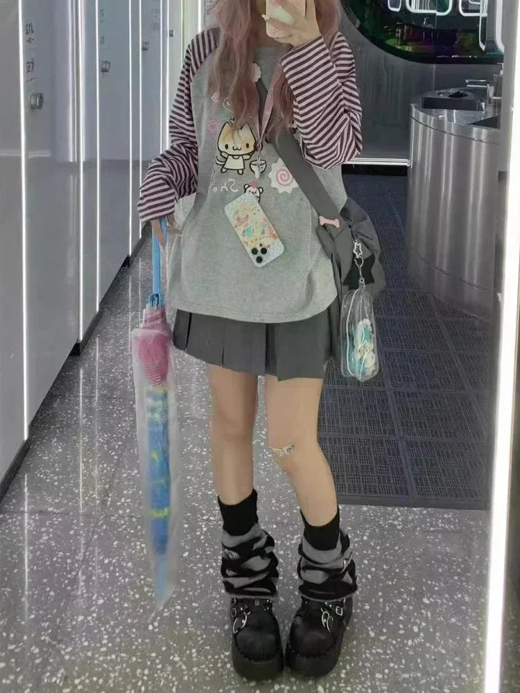 Japan Kawaii Sweet Women T-Shirt O-Neck Stripe Patchwork Long Sleeve Cartoon Print Loose Pullover Casual Cute Top Youth Vitality.