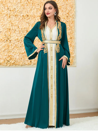 Maßgeschneiderte muslimische Sets, elegante muslimische Frauen, Sommer, langärmelig, V-Ausschnitt, Polyester, lila, 2-teiliges Kleid, Mantel, passende Sets, Muslim