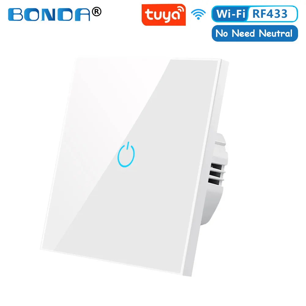 BONDA Smart Switch Alexa RF433 Keine neutrale Tuya-Steuerung funktioniert mit Google 1/2/3 Gang Smart Life Home Light WiFi Touch Switches 86