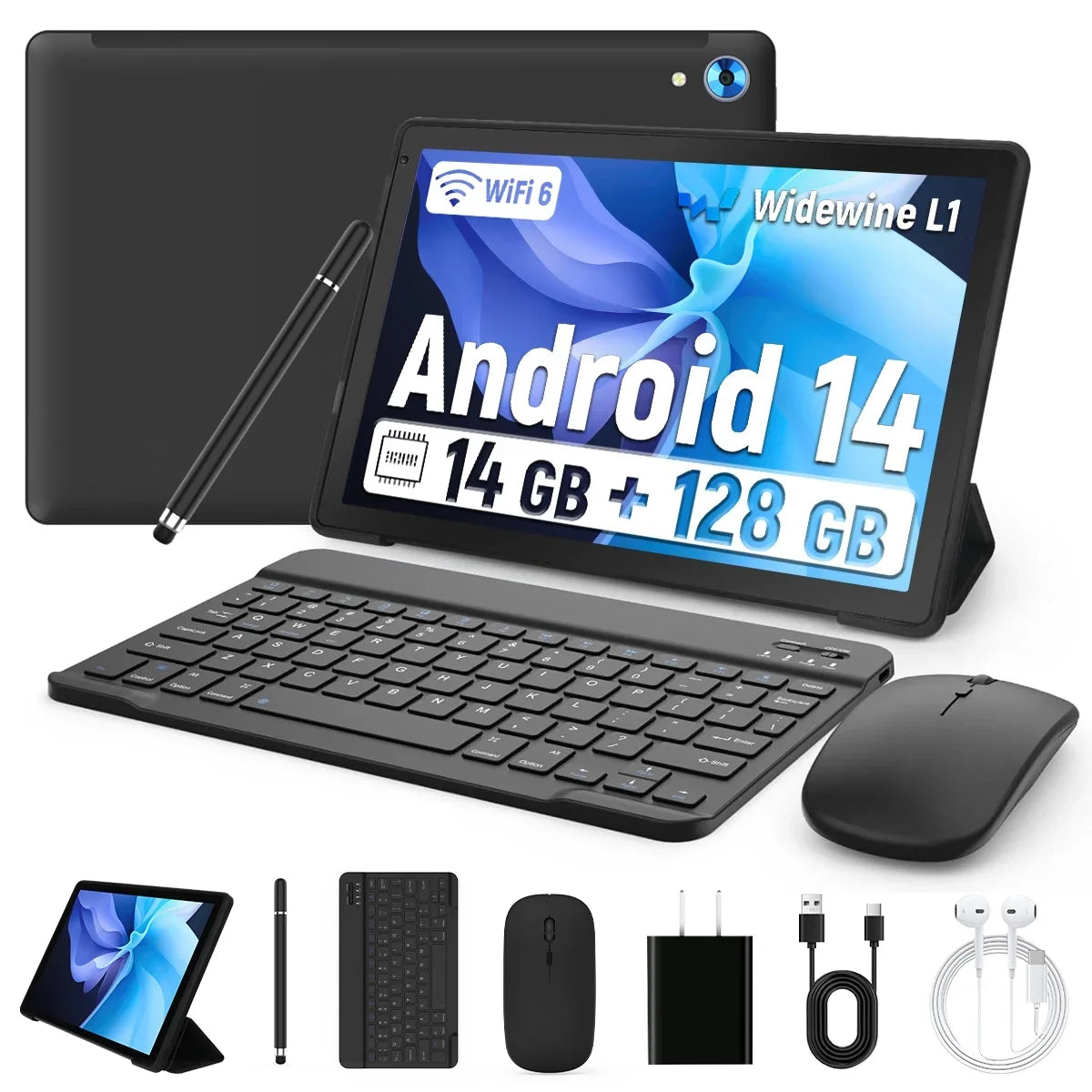 URAO C108 10 Inch Tablets Android 14 A523 Octa Core Tablet 14GB+128GB 1 TB Expansion WiFi 6 5MP+8MP Camera Keyboard Mouse Set.