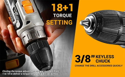 Die 20-V-Akku-Bohrmaschine von DEKO verfügt über zwei Wechselgeschwindigkeiten. 18+1 Drehmomentschraubendreher. 29-teiliges Bohrset mit 1,5-Ah-Akku und Ladegerät