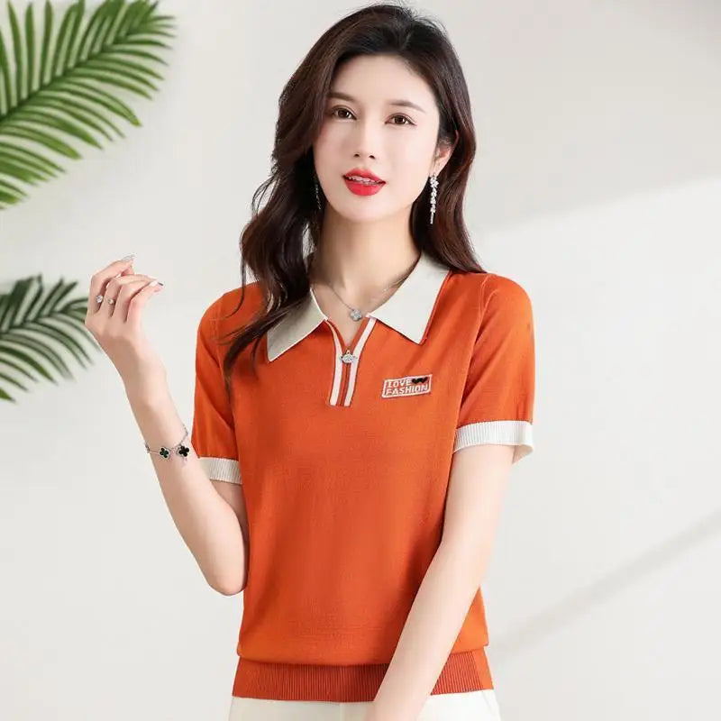 Fashionable polo collar middle-aged and elderly women's loose knitwear thin casual short-sleeved T-shirt