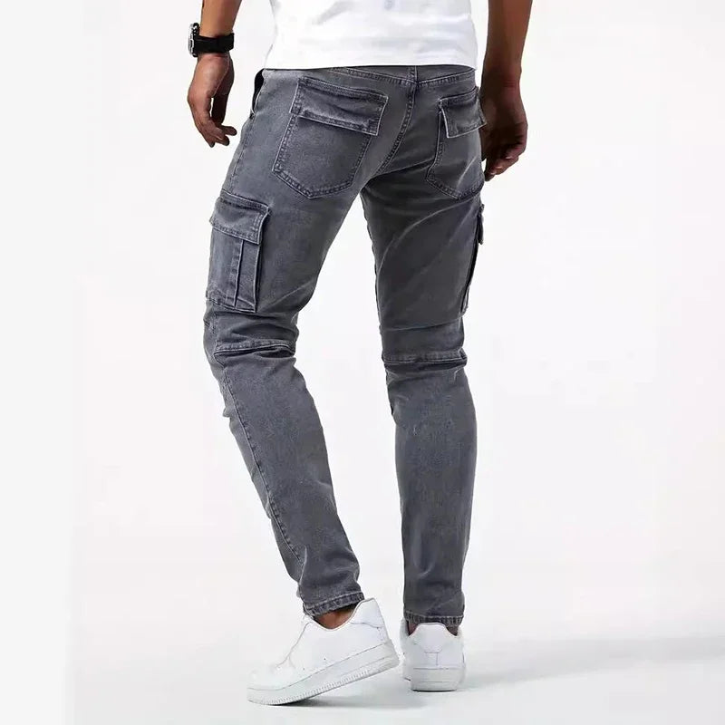 Men Casual Pencil Jeans Male Elastic Multi Pocket Small Slim High Street Denim Pants Wash Solid Color Mid Waist Cargo Jeans.