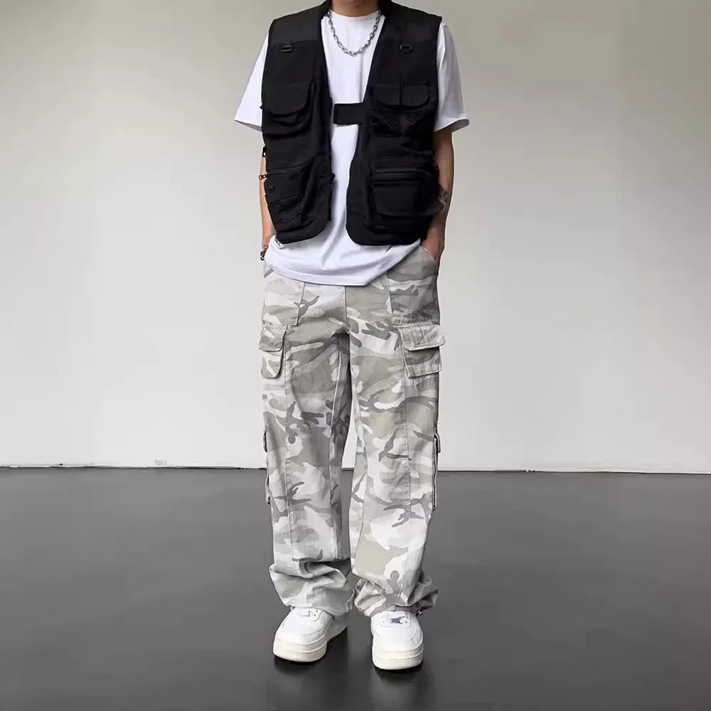 Vintage Amerikanischen Stil Camouflage Hosen männer Lose Gerade Bein Cargo Hosen Casual Hosen Hip Hop Streetwear Waschen.