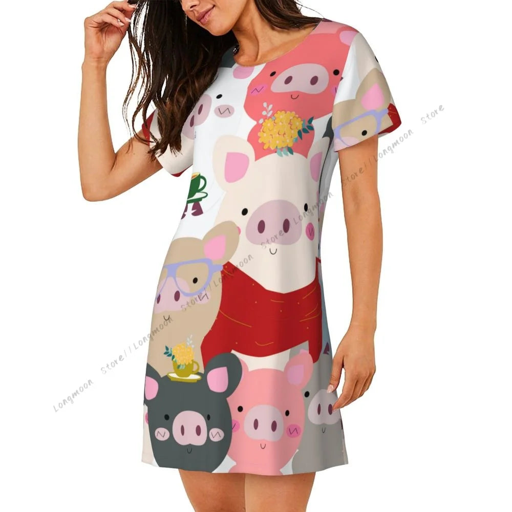 Sommer-Damen-Pyjama, Vintage-Stil, süßes Babyschwein, blau, grau, Pastell, Cartoon-Comic-Kunst, kurzärmeliges Nachthemd, dünner langer Rock, Homewear.