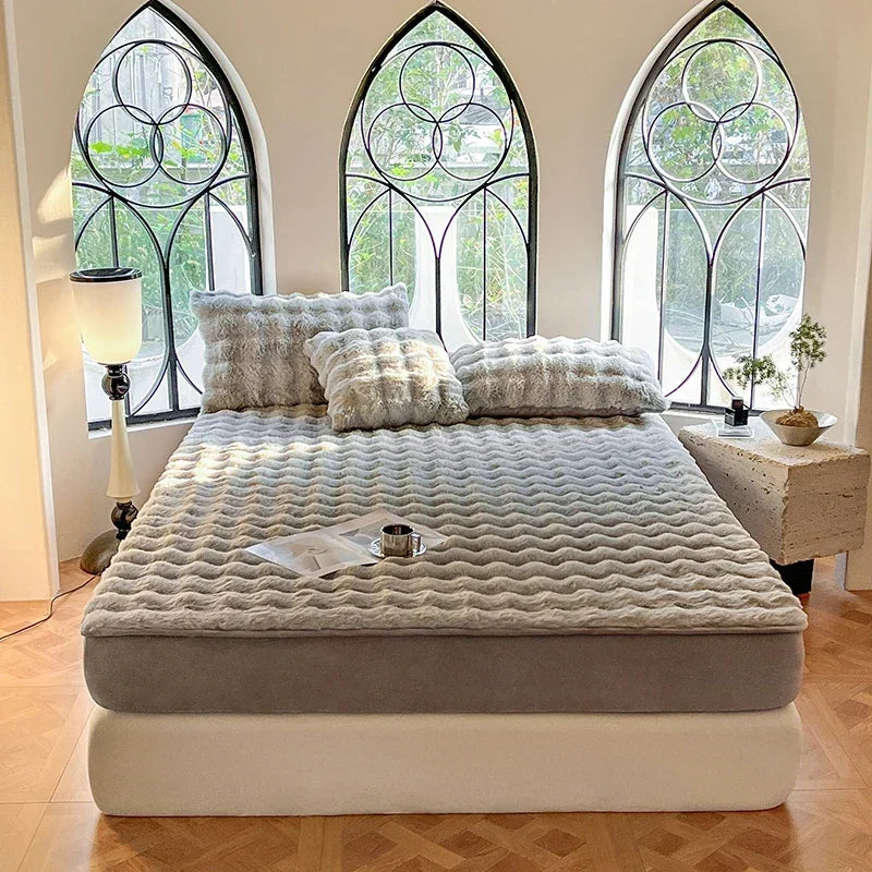Fluffy Plush Fitted Bed Sheet Solid Color Long Hair Fleece Bed Cover For Double Bed fundas de colchón Winter Warm Mattress Cover