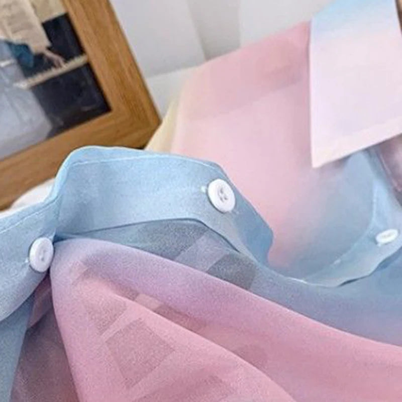 Irregular Gradient Rainbow Long Sleeved Shirt And Blouses Thin Youthful Women's Clothing Loose Top Pink Casual Transparent New.