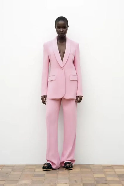 Women's Blazer New Spring Elegant Casual Office Lady Pink Jacket Coat Fashion High Waist Loose Wide Leg Trousers Pant Suit.