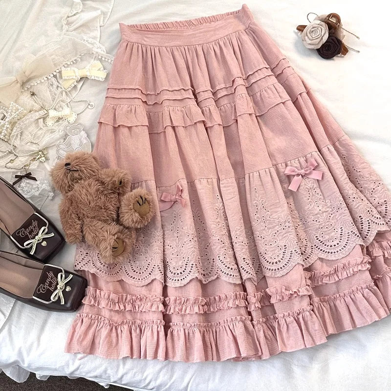 Mori Girl Style Lolita Midi Skirt Women Vintage Embroidery Lace Floral Bow Ruffles Long Skirts Female Prairie Chic Party Skirt.