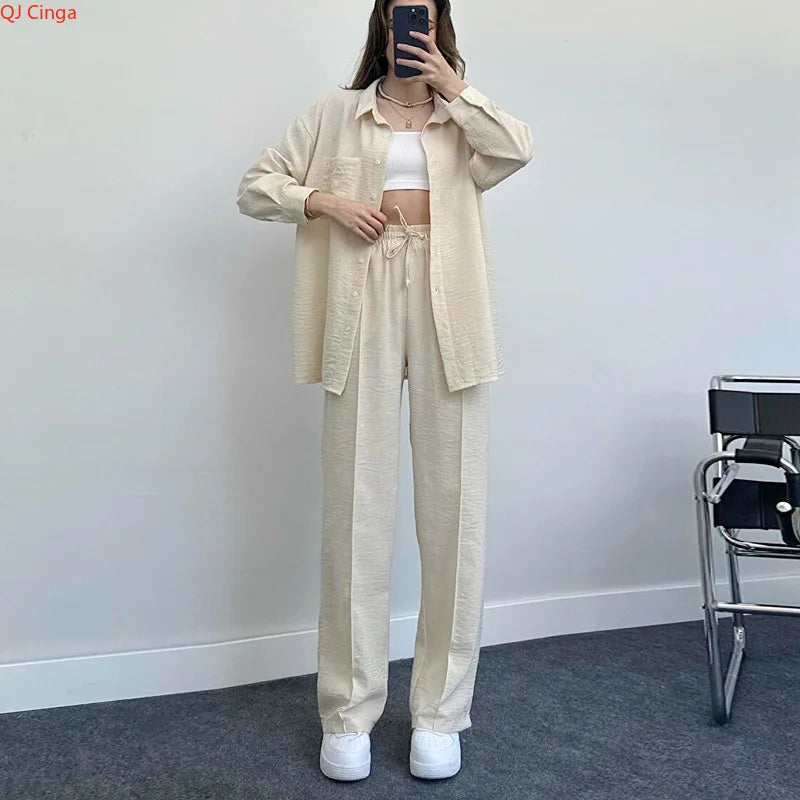 New Autumn Red Women Casual Two-piece Set, Features A Thin Long-sleeved Lapel Shirt Paired with Matching Drawstring Trousers..