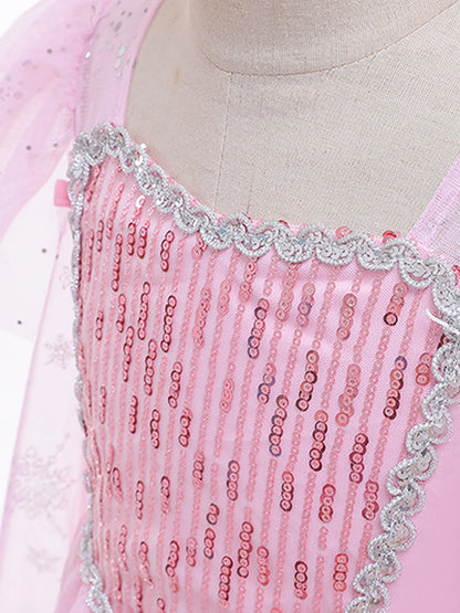 Mädchen rosa Pailletten Mesh Prinzessin Kleid, Mesh kurze Ärmel, mit Umhang, geeignet für Party, Tanz, Performance, Karnevals kleid.
