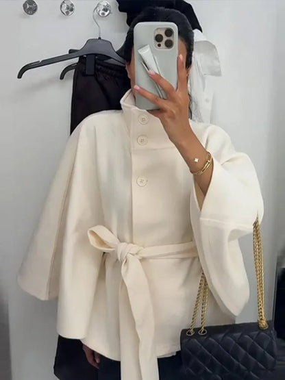 Damenmantel, kurze Cape-Mäntel für Damen, Gürtel, Mäntel aus Kunstwolle und Mischungen, Herbst-Winter, feste Mäntel, elegante Umhangjacke für Damen.