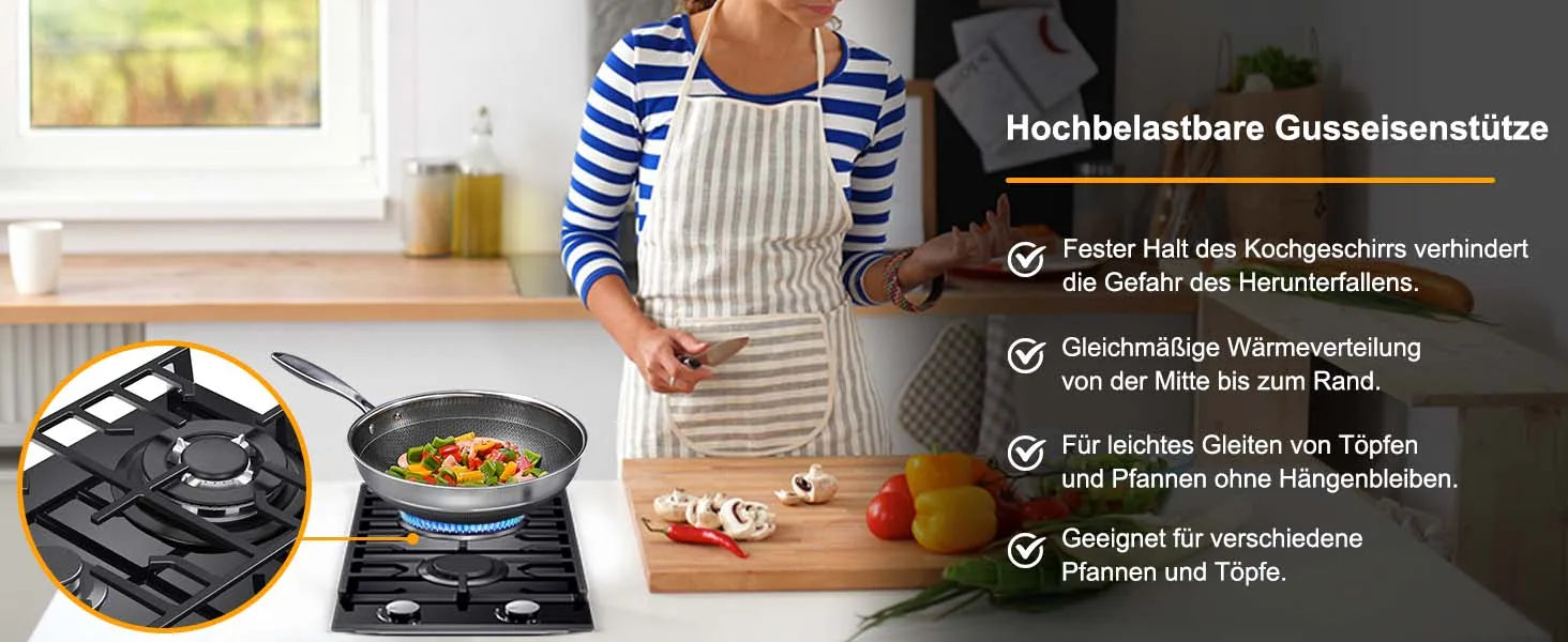 EU Certified 2 Burner Gas Hob 30cm Tempered Glass | Built-in w/Cast Iron Rack Dual Fuel (NG/LPG) 5200W Flame Failure Black.