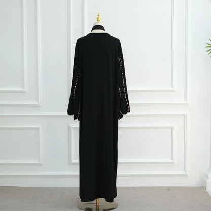 Middle Eastern Modest Dress with Pearl Sleeve for Muslim Women Ramadan Dubai Black Abaya Islam Party Jalabiya Outfit Turkey Robe.