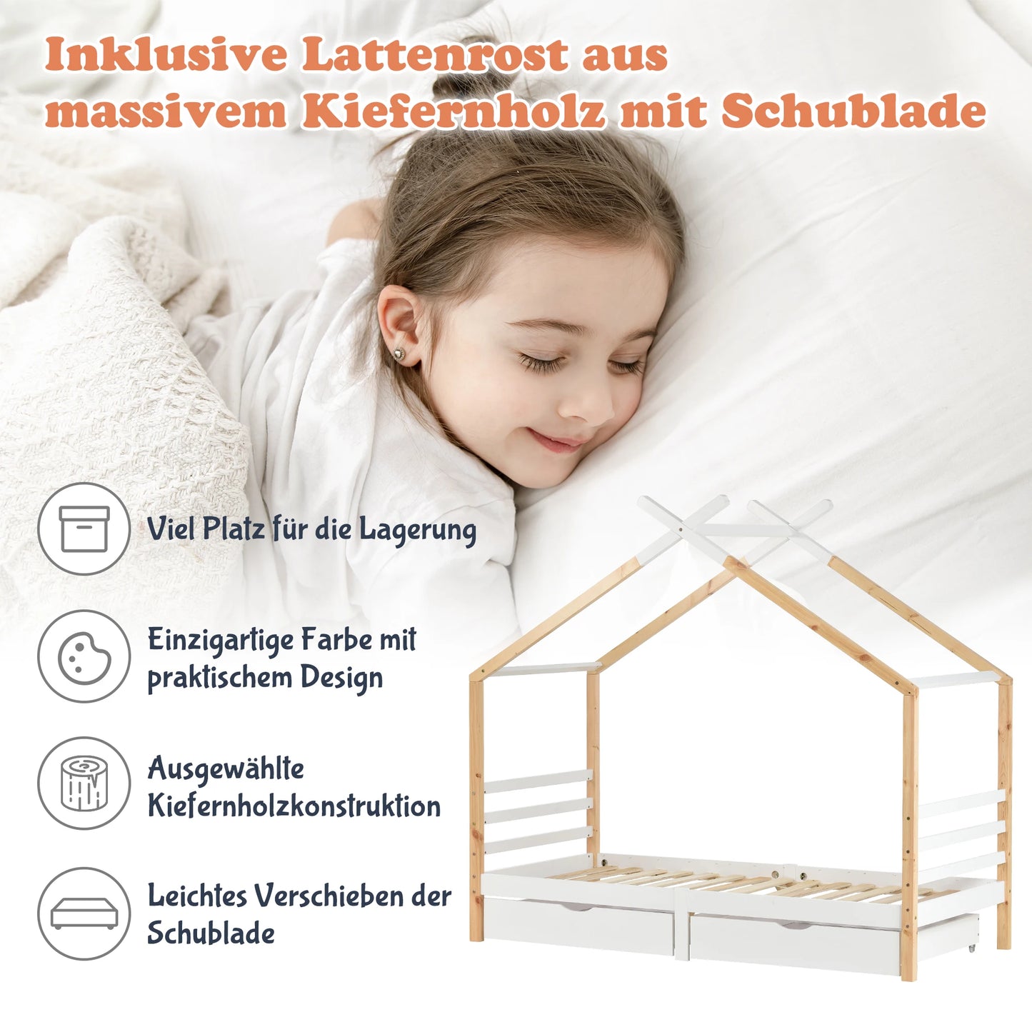 KOMHTOM Kinderbett Hausbett 90x200 cm, Massivholz Kiefernholz mit Schubladen und Lattenrost