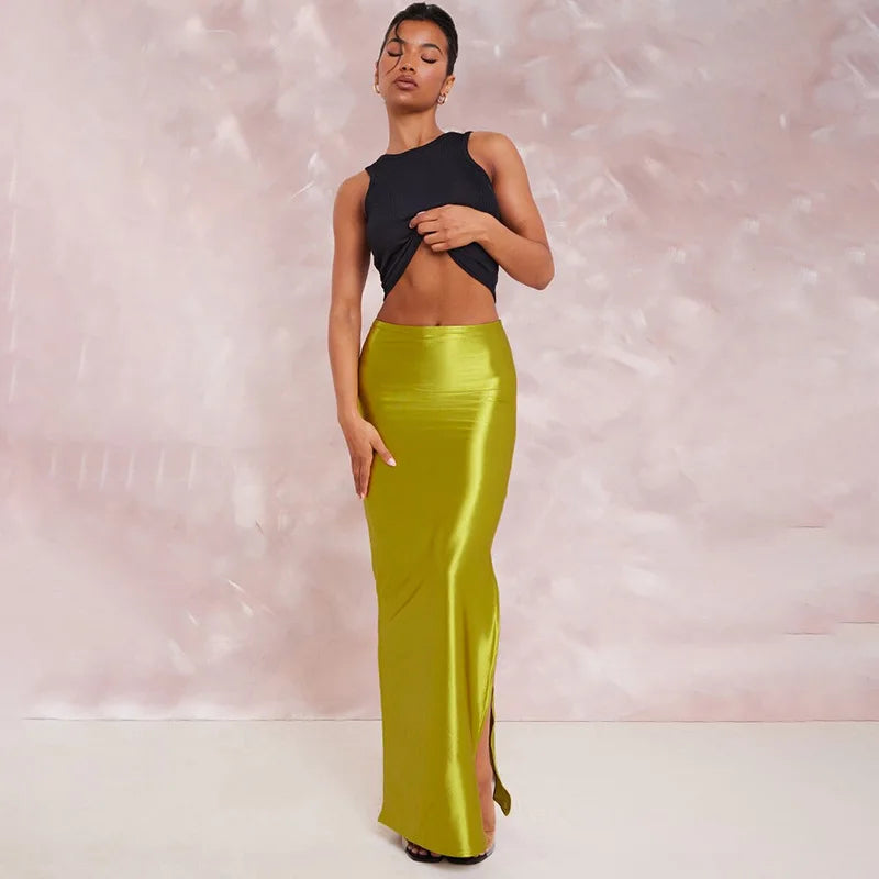 2025 Autumn Stain Long Solid Color Skirt Women Elegant High Waist Side Split Maxi Skirts Party Sexy Clothes for Female.